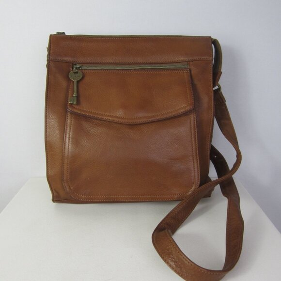 FOSSIL Women Large Brown Leather Organizer Crossbody Shoulder Bag Brass Hardware - Picture 3 of 15